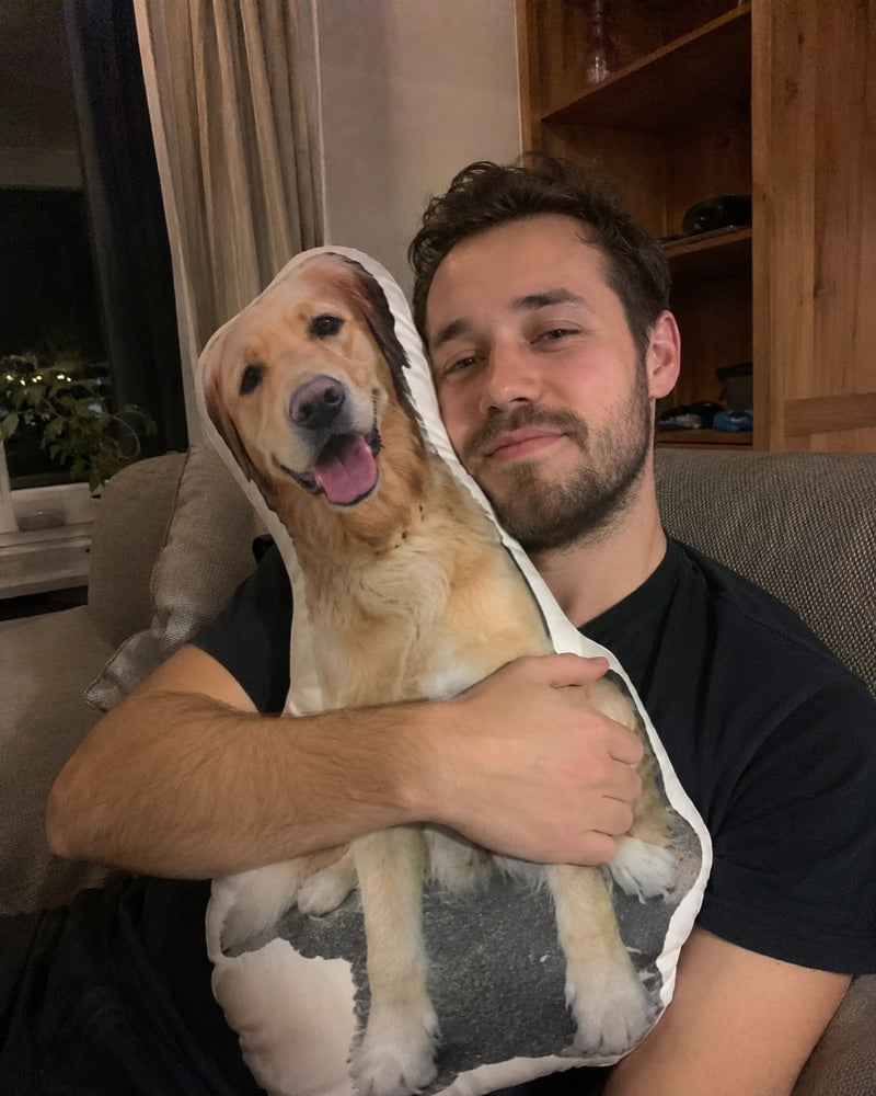 Man knuffelt het fotokussen van zijn labrador