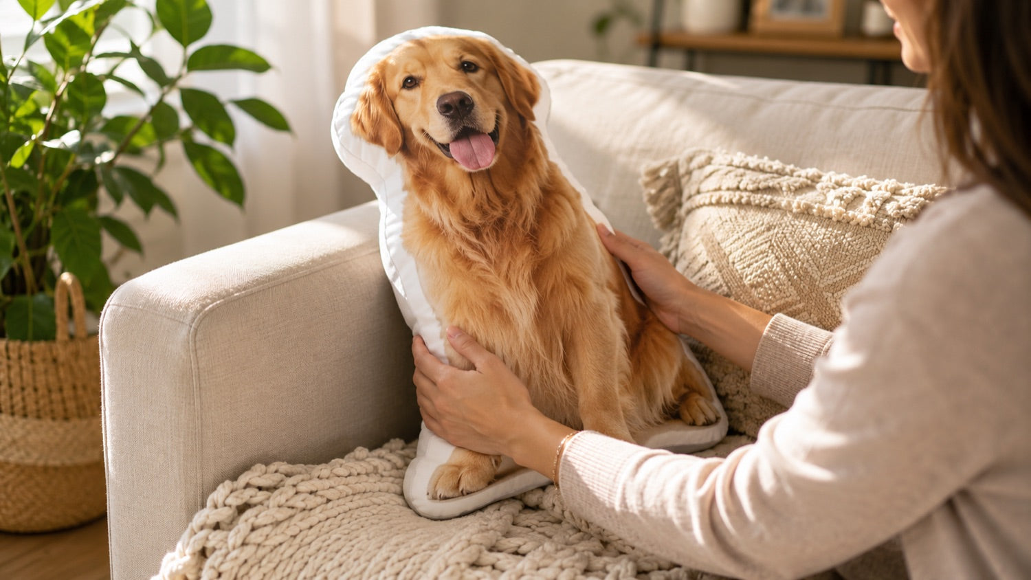 Fotokussen van een golden retriever op de bank