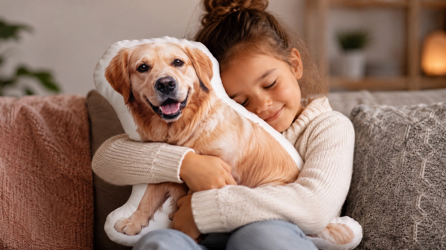Meisje knuffelt haar fotokussen van een golden retriever