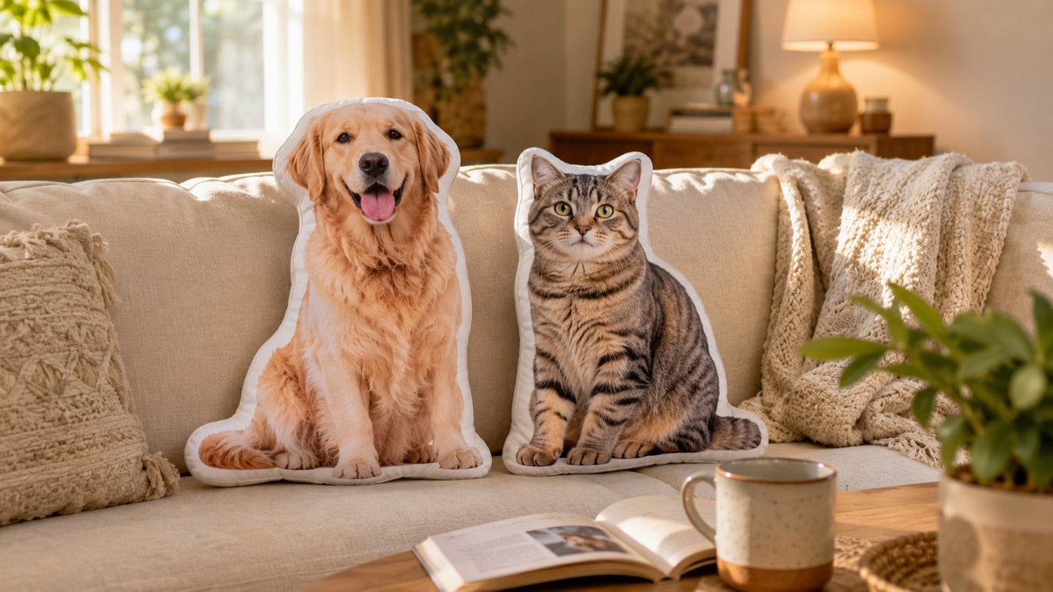 Fotokussens van een hond en een kat samen op de bank